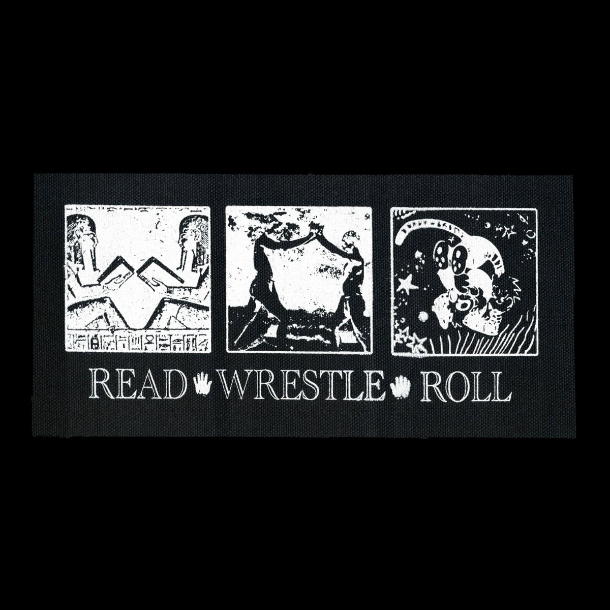 White canvas patch with Egyptian imagery, photo of wrestling, and cartoons wrestling. Text reads "Read. Wrestle. Roll"