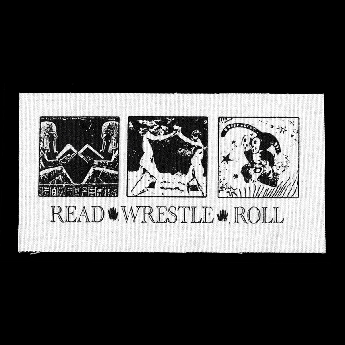 White canvas patch with Egyptian imagery, photo of wrestling, and cartoons wrestling. Text reads "Read. Wrestle. Roll"