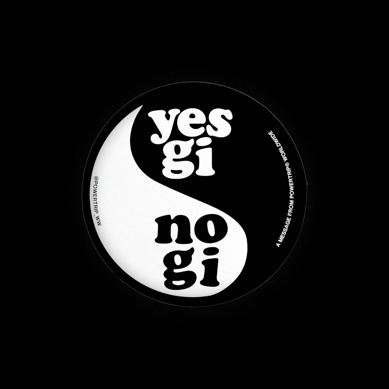 3" round sticker. Graphic of a yin/yang with the text reading "yes gi no gi".