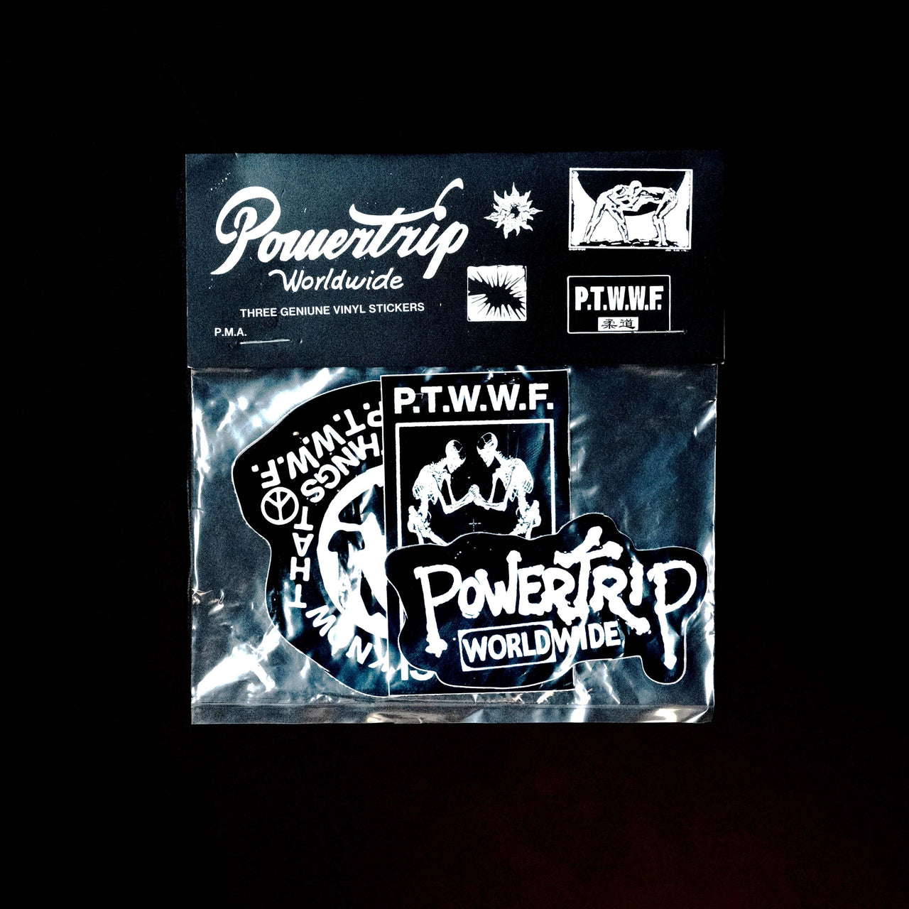 Bag of three genuine vinyl stickers by Powertrip Worldwide.