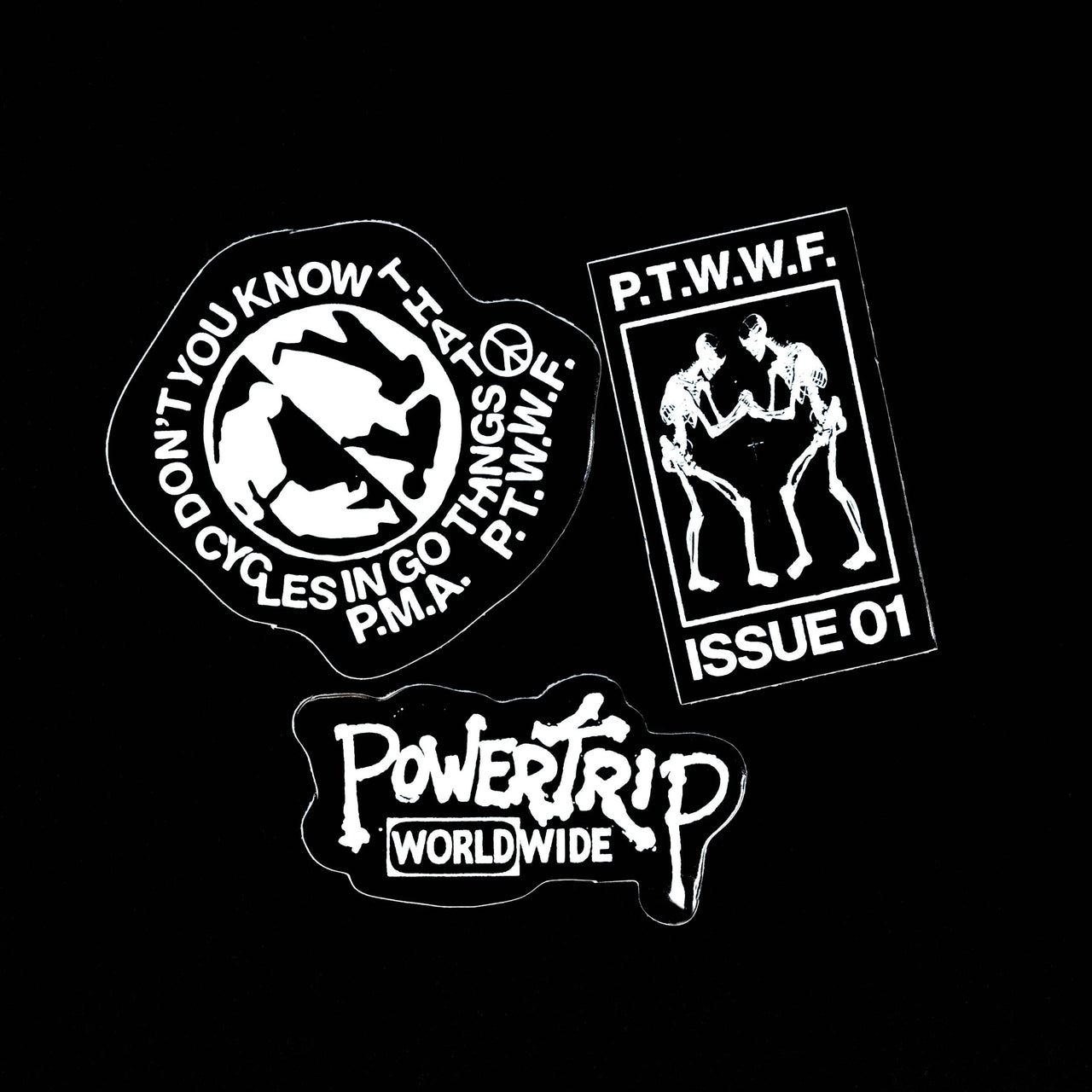 Bag of three genuine vinyl stickers by Powertrip Worldwide.