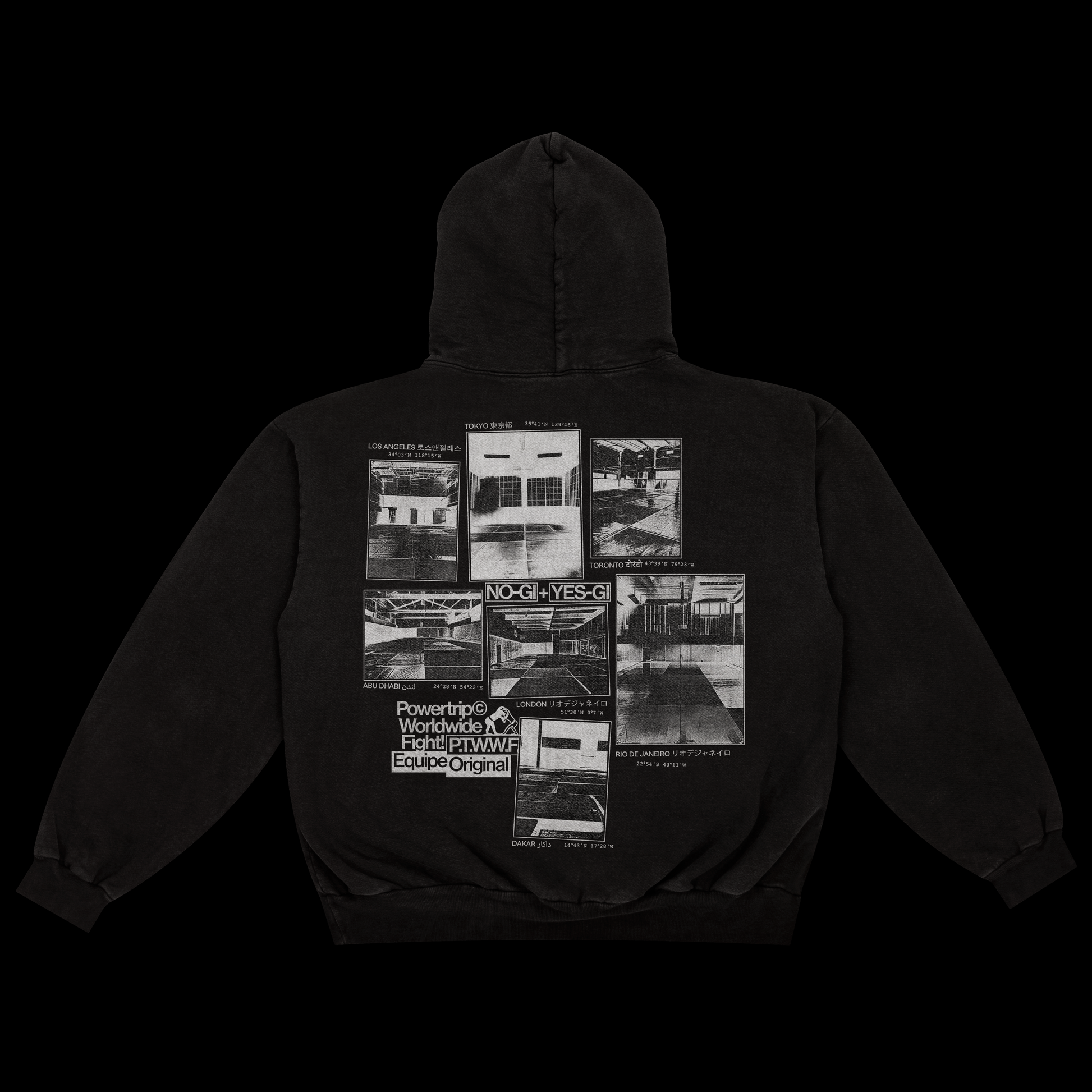 Black hoodie with images of training studios printed in white.